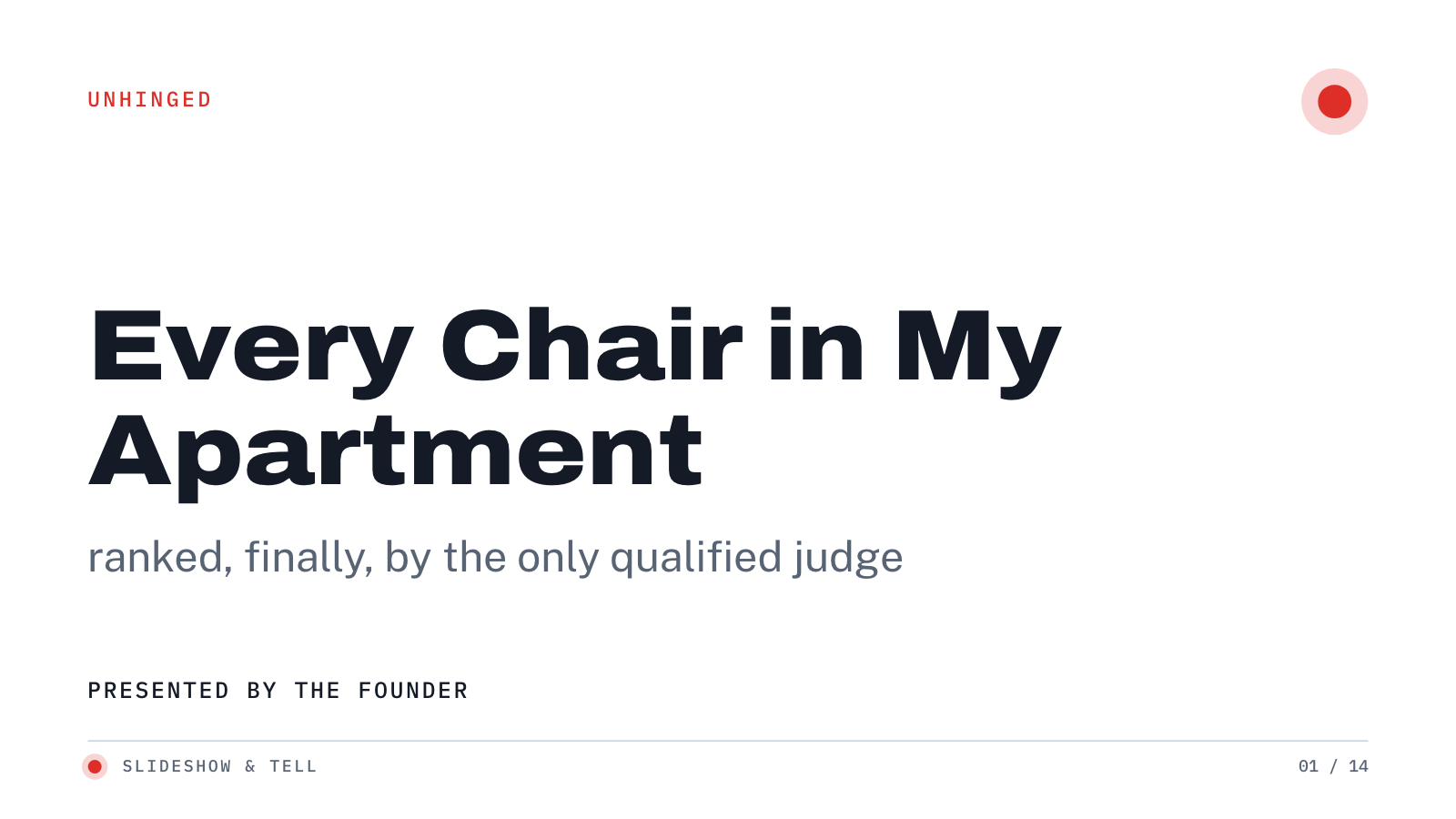 Title slide of “Every Chair in My Apartment, Ranked”